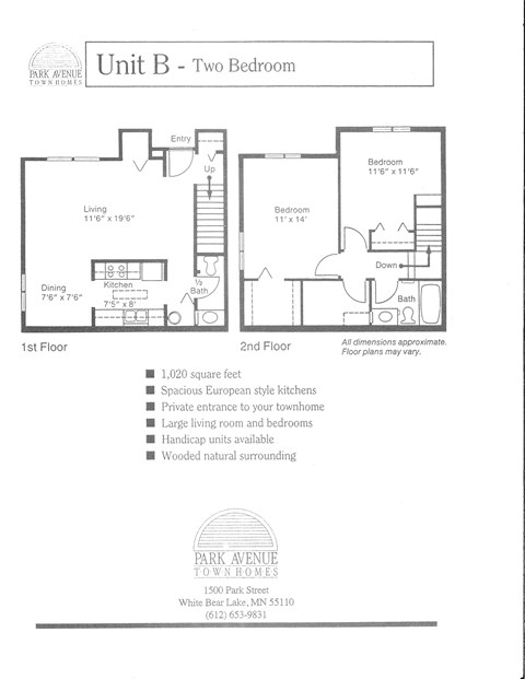 Floor plan for 2 beds, 1 bath, 1020 sqft
